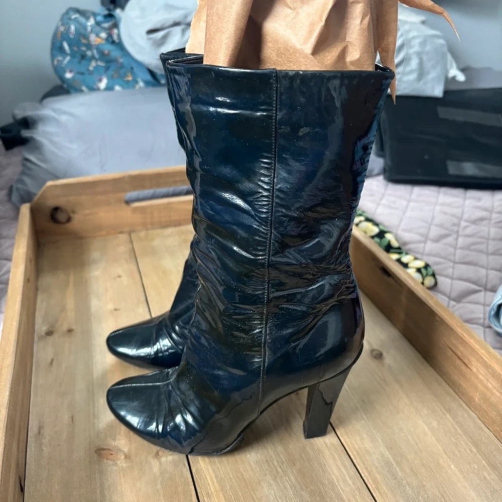 Patent Black Mid-Calf Ruched Heeled Boots